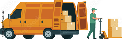 Flat vector illustration of a delivery worker loading cardboard boxes into an orange cargo van isolated on white background,