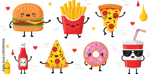 Cute Fast Food Cartoon Characters Set with Burger, Fries, Pizza, Donut, Soda Cup and Ketchup Mascots Vector Illustration