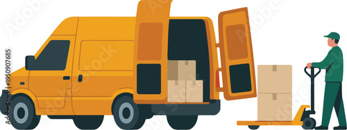 Flat vector illustration of a delivery worker loading cardboard boxes into an orange cargo van isolated on white background,