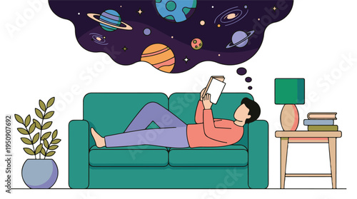Reading and imagination: Person on sofa dreaming of space and cosmos