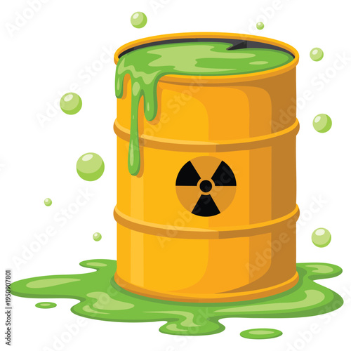 Nuclear waste barrel toxic radioactive cartoon illustration highlighting pollution and hazardous material concept