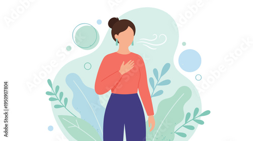 Mindful woman taking a deep breath for relaxation and stress relief