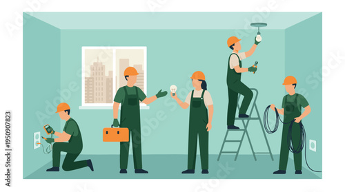 Professional electricians installing and checking electrical systems in a room