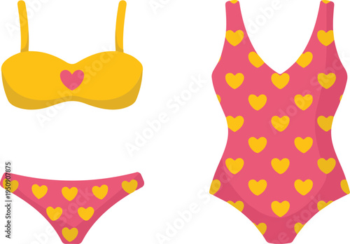 Colorful vector set of women swimsuit and bikini with heart pattern design for summer vacation beach wear illustration