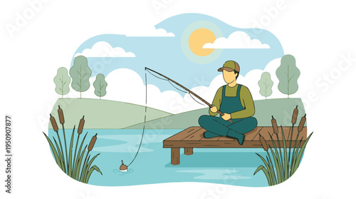 Man fishing from a wooden pier on a lake, enjoying a peaceful day in nature