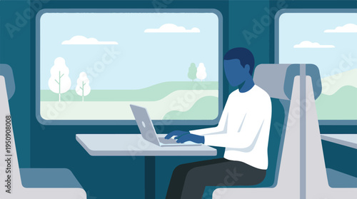 Man working on laptop on a train journey, remote work and travel concept