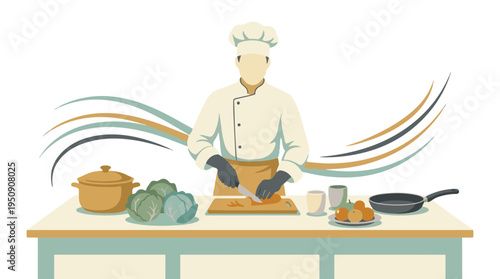 Chef cooking food, slicing vegetables on cutting board, kitchen illustration