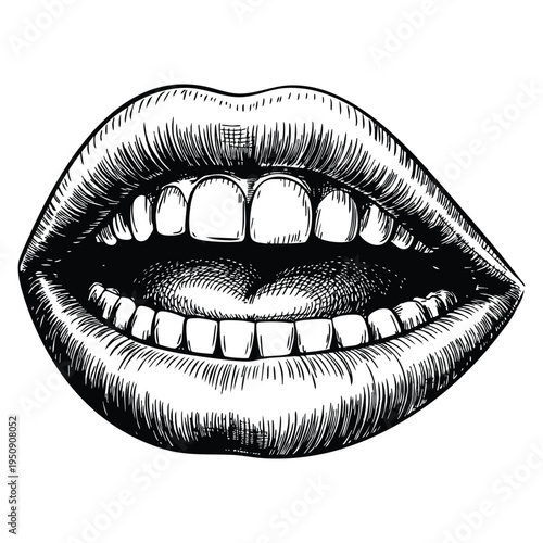 Open mouth black and white outline line art drawing vector illustration detail retro design