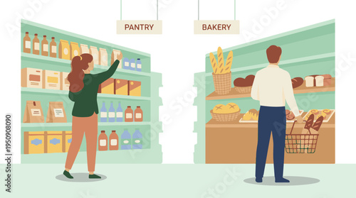 Customers selecting products in grocery store pantry and bakery departments
