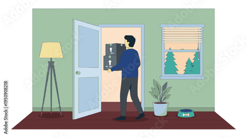 Man carrying moving boxes through a doorway in a minimalist home setting