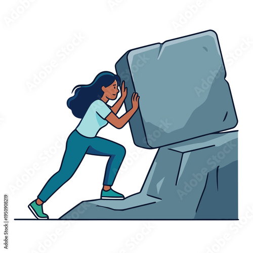 Woman struggles to push a large gray boulder up a steep rocky incline.