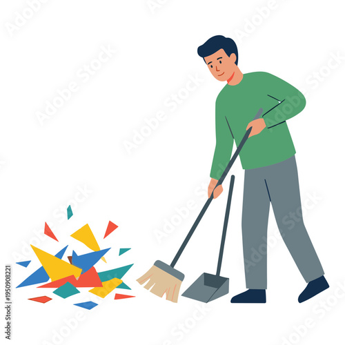 Man sweeps colorful broken pieces with broom and dustpan indoors
