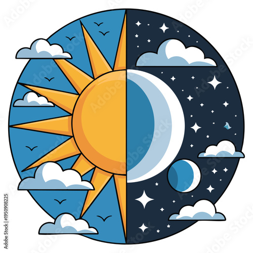 Over gray background day and night design vector illustration perfect for time balance contrast sun moon and lifestyle themed creative artwork