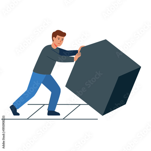 Man pushing large cube across a grid floor with effort and determination
