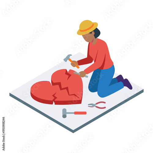 A person wearing a hard hat repairing a broken heart with tools on a flat surface.