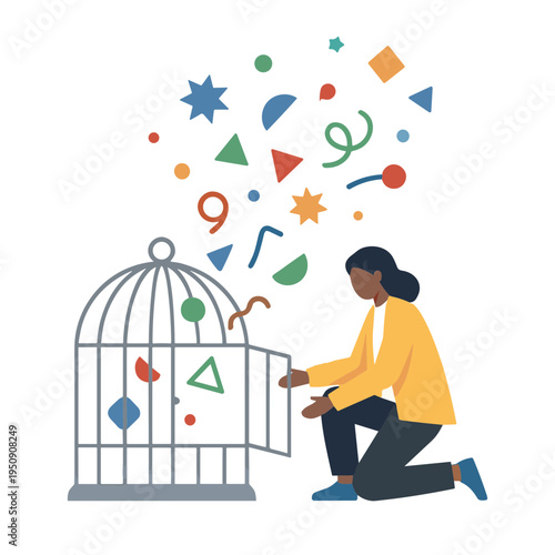 Woman opens colorful cage releasing shapes freely outdoors
