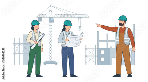 Construction team discussing plans on a building site with crane in background