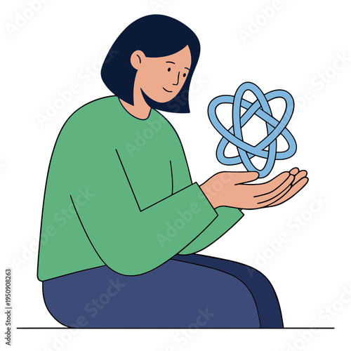 Woman sitting down holds a blue infinity symbol in her hand