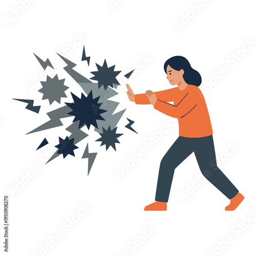 A woman fends off explosion with her hands in a dynamic pose.