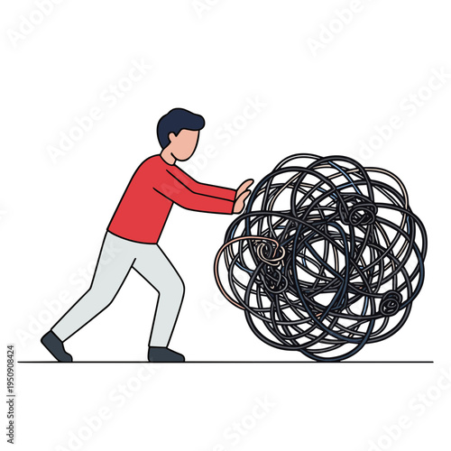 A man struggles to push a large tangled web of lines uphill on a plain.