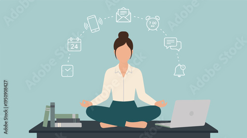 Businesswoman meditating at desk, balancing digital tasks and mindfulness