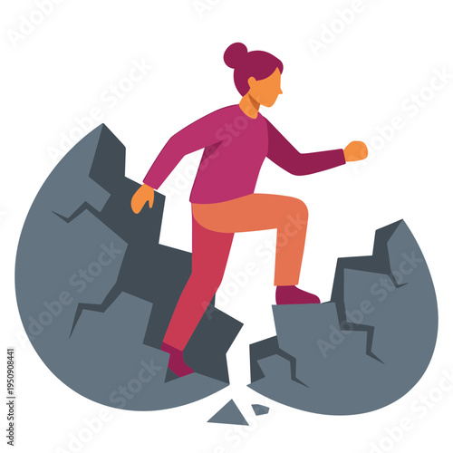Woman stepping out of broken eggshell illustration in dynamic motion