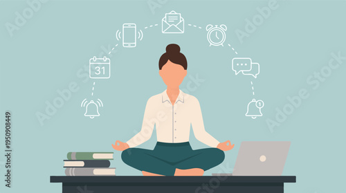 Businesswoman meditating at desk surrounded by digital work distractions