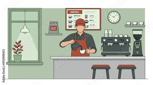 Barista preparing fresh coffee in a modern cafe with a minimalist design