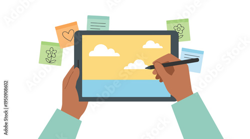 Hands drawing digital art on tablet with stylus, surrounded by sticky notes