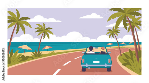 Couple driving a convertible car on a scenic tropical coastal road