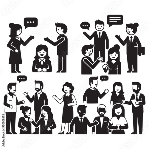 Business People Conversation Silhouette Set Team Communication, Social Interaction, and Office Discussion Icons