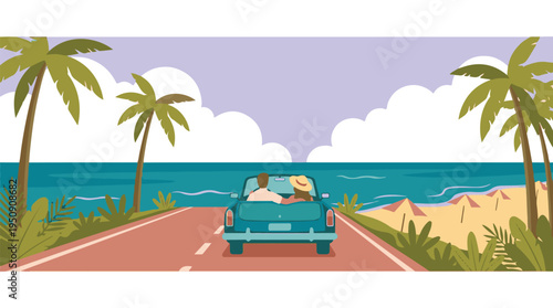 Couple driving convertible car on scenic coastal road to tropical beach
