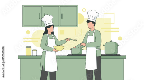Man and woman chefs cooking together in a modern kitchen illustration