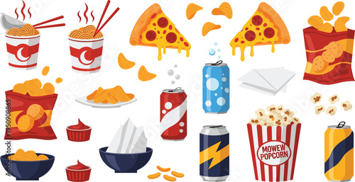 Fast Food Snack Vector Set with Pizza Slices, Potato Chips, Popcorn, Noodles Cups and Soda Drink Cans