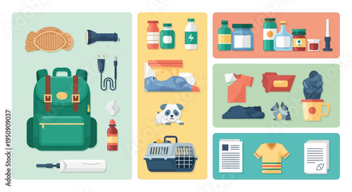 Emergency Preparedness Kit Illustration with Backpack, First Aid, Food, Pet Supplies, and Essential Gear for Disaster Readiness and Evacuation Planning