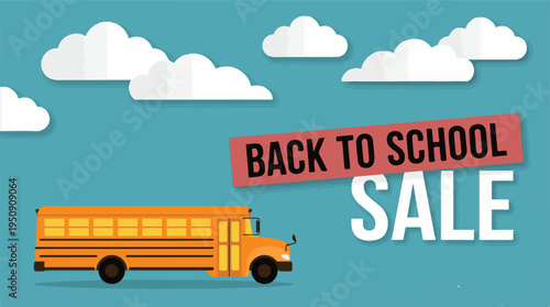 Back to school sale banner with yellow school bus and paper clouds on blue sky
