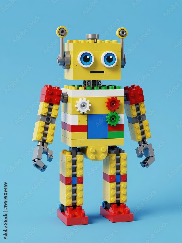 Naklejka premium Cute Yellow Robot Built From Colorful Blocks Standing on Blue Background