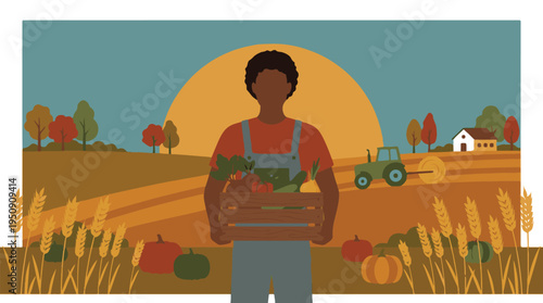 African American farmer holding fresh vegetables in a crate on a rural farm