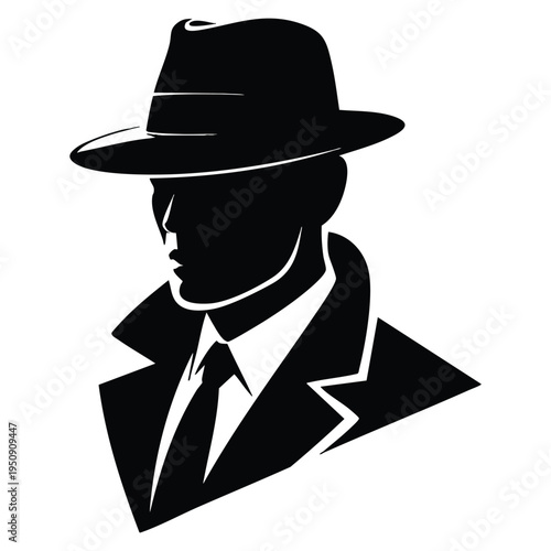 Profile silhouette of vintage gentleman wearing fedora hat vector illustration perfect for retro style branding classic fashion and timeless character artwork