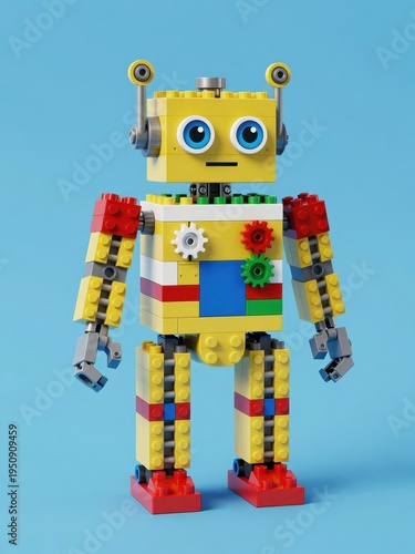 Cute Yellow Robot Built From Colorful Blocks Standing on Blue Background