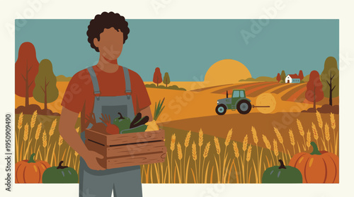 Farmer holding fresh autumn harvest vegetables in a rural farm landscape