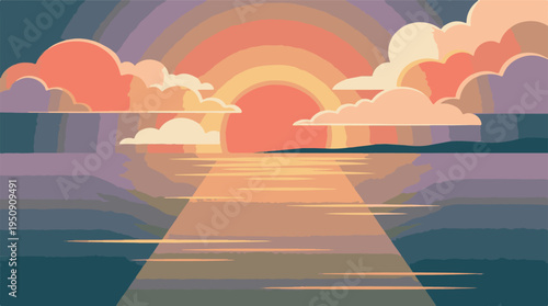 Stylized minimalist sunset over ocean with colorful clouds and sun reflection