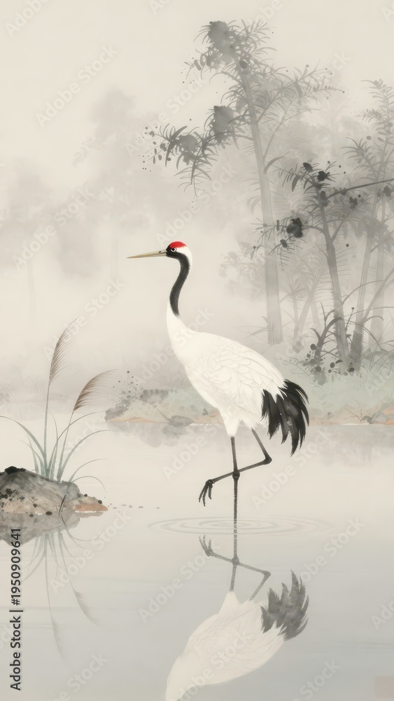 Naklejka premium Elegant Watercolor Illustration of a Crane Standing in Water with Bamboo and Misty Scenery