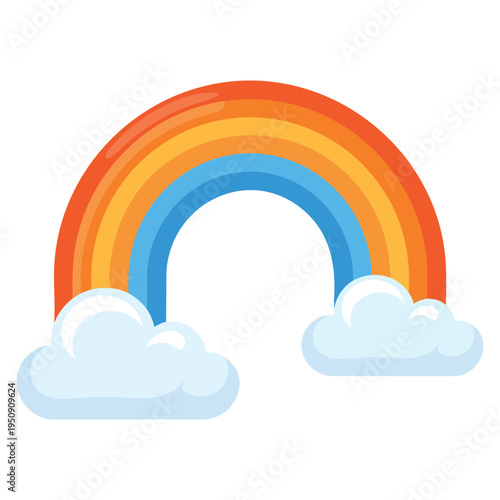 Rainbow with clouds cartoon vector illustration, bright colorful sky scene perfect for kids design, nursery decor, weather themes and cheerful background artwork