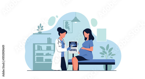 Pregnant Woman Undergoing Ultrasound Examination by Obstetrician Doctor in Clinic Vector Illustration