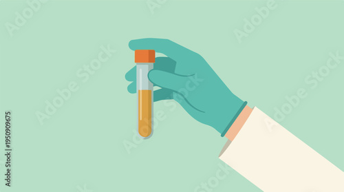 Hand in green glove holding test tube with orange liquid