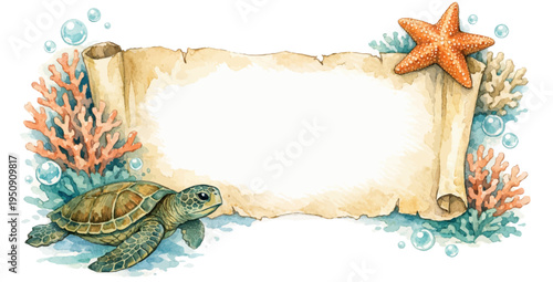 A watercolor ocean-themed parchment frame featuring a sea turtle, coral reefs, starfish, and bubbles surrounding an antique scroll banner, isolated on a white background.