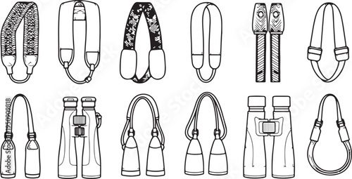 Various styles of binocular harnesses and straps for outdoor activities Vector