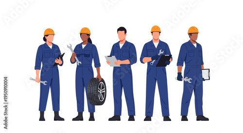 Diverse Team of Professional Mechanics and Technicians in Blue Overalls and Hard Hats Standing Together. Illustration of Auto Service Workers with Tools and Tire on White.