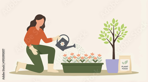 Woman watering flowers and plants in a home garden, illustration